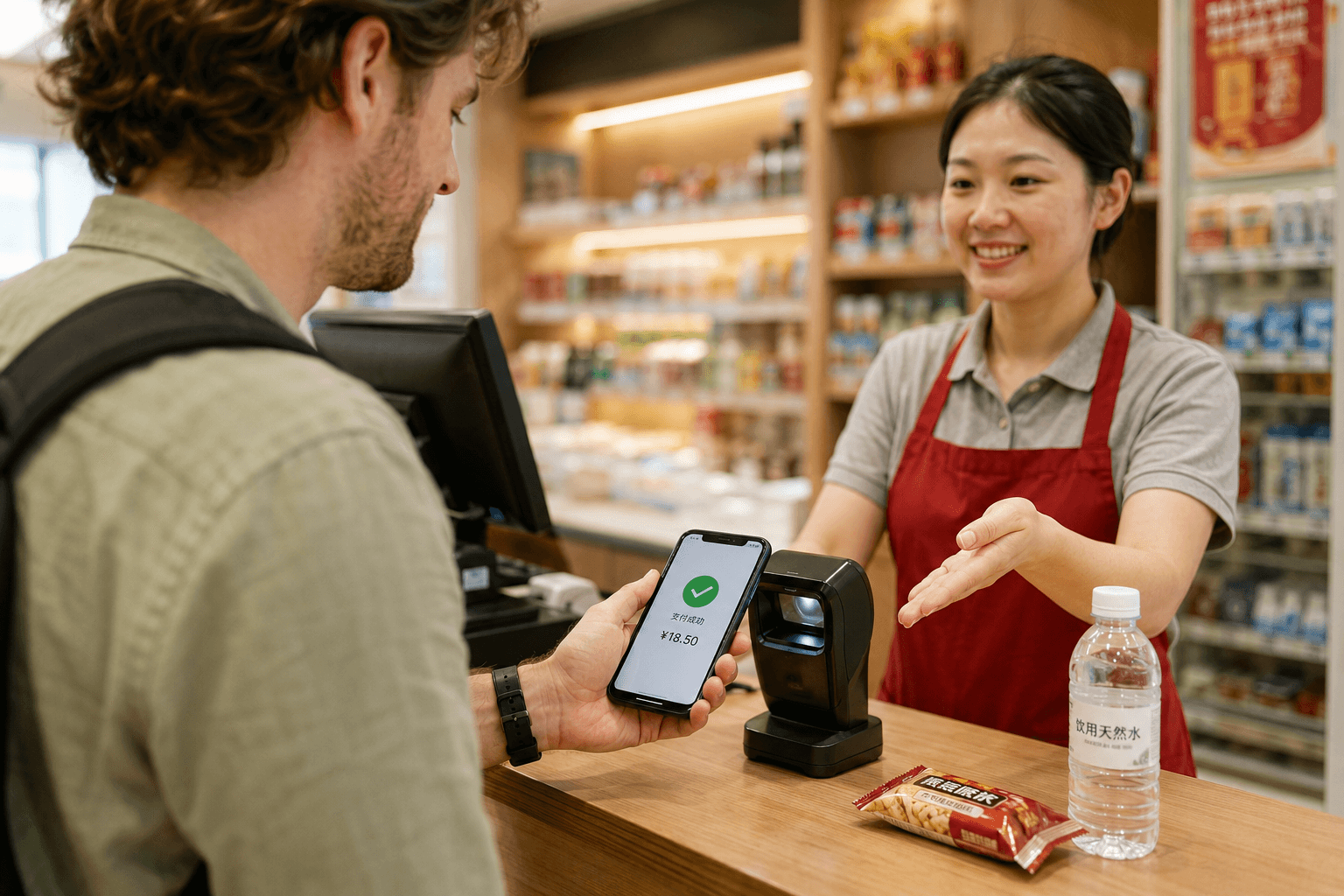 A business traveler using mobile payment and arrival cards in China