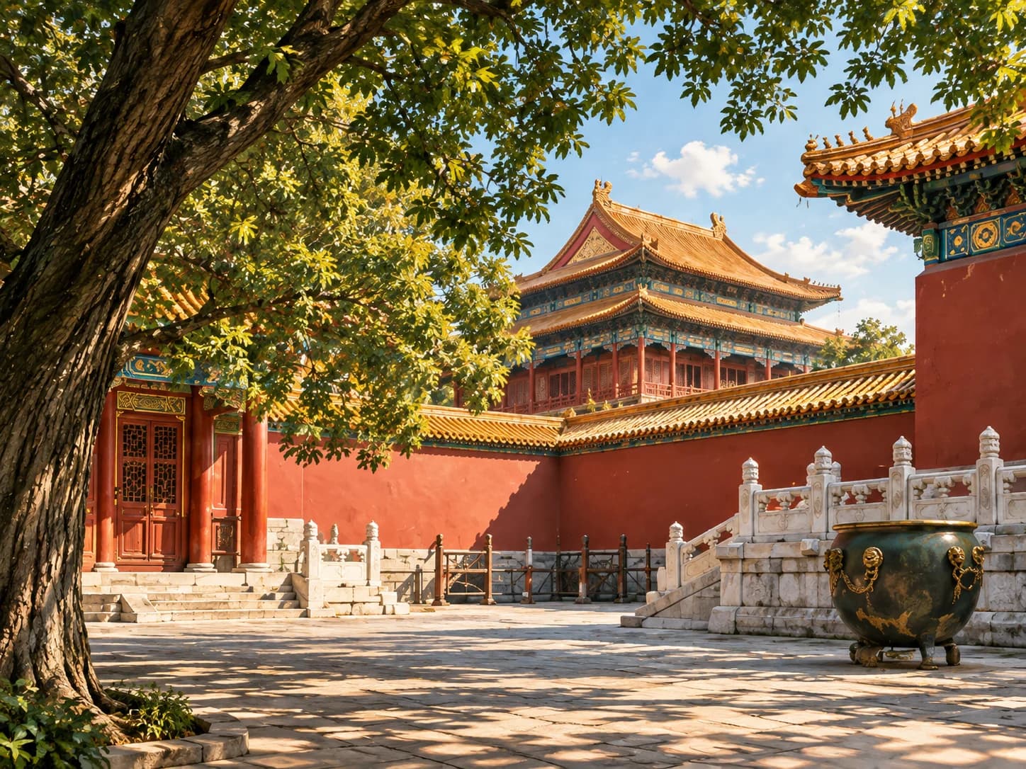 Illustration of a Beijing palace courtyard with red walls and golden roofs