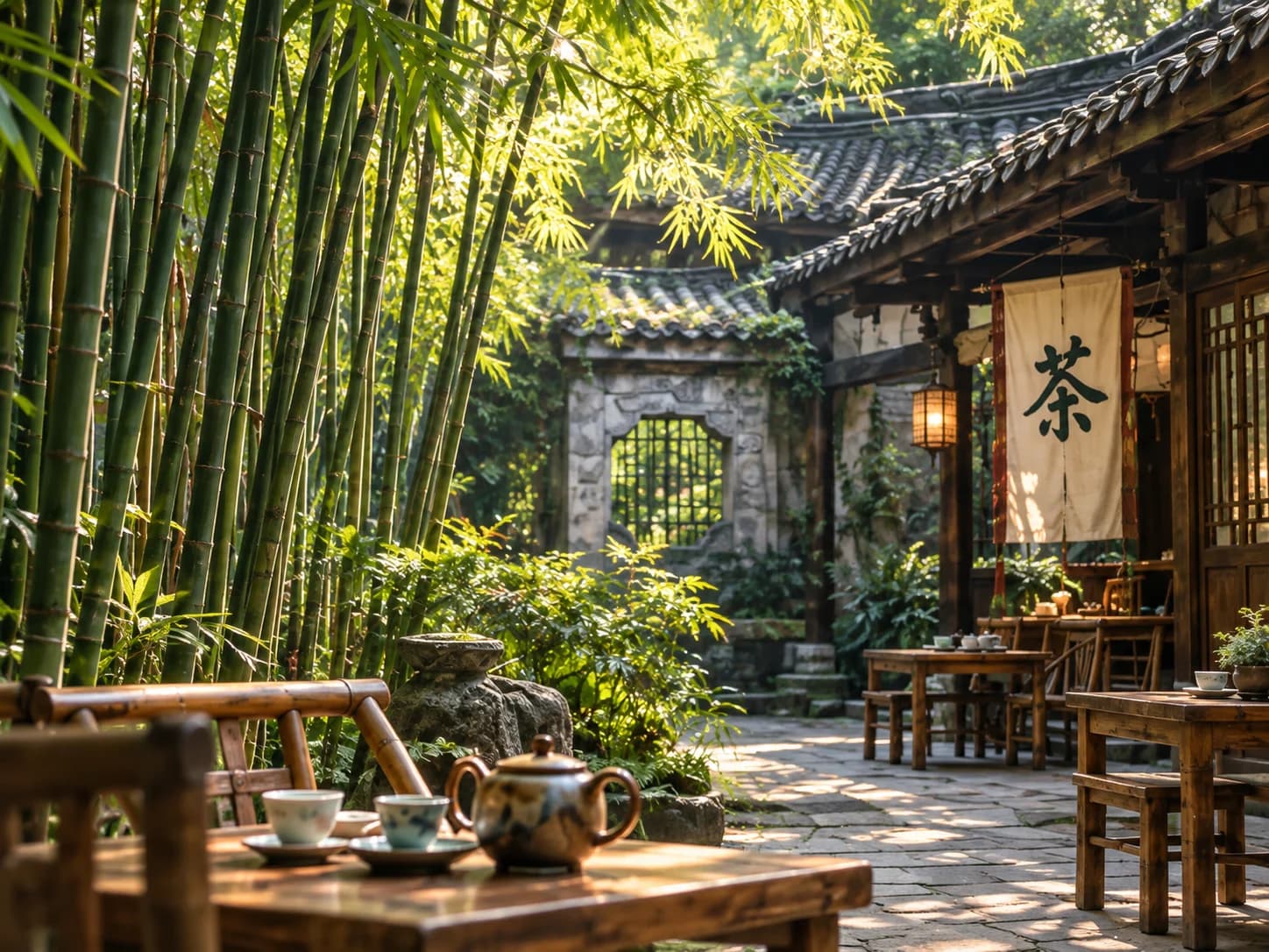 Illustration of a Chengdu teahouse courtyard with bamboo chairs