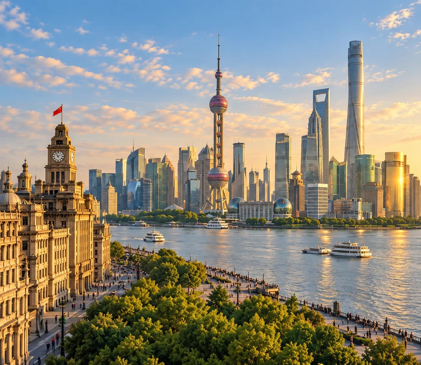 Illustration of Shanghai's Bund and the Pudong skyline in warm evening light